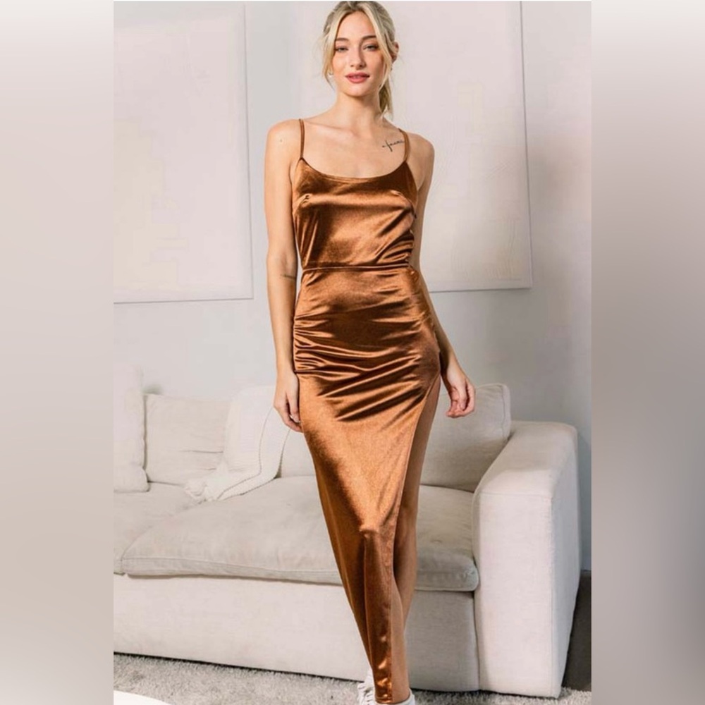 Sleek Copper Satin Slip Dress